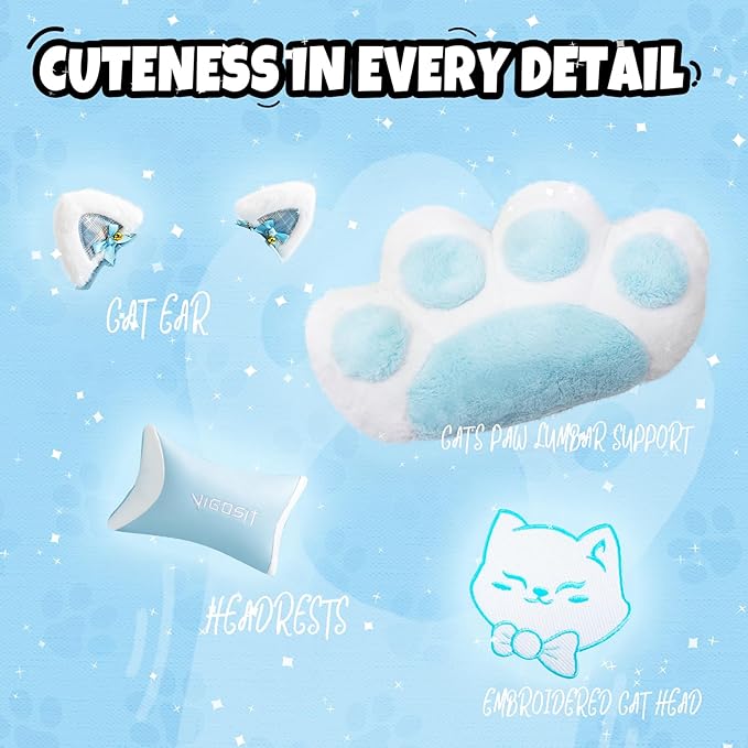 Cat Ears Gaming Chair - Ergonomic PU Leather Office Chair Cute Chair with Footrest for Adult 310lbs Capacity 90°-155° Reclining paw Pillow Blue