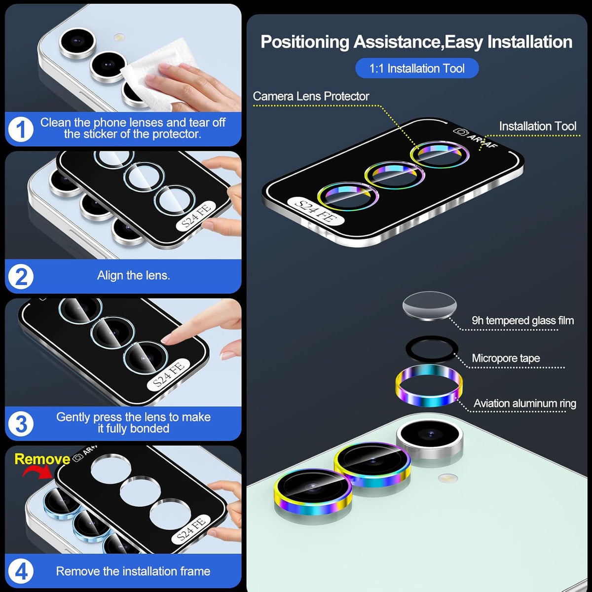 for Samsung Galaxy S24 FE Camera Lens Protector, Individual Metal Ring Tempered Glass Lens Cover, [Strong Adsorption] Scratch Resistant Ultra-Thin HD Clear Lens Cover, 1 Set-Colorful Ring