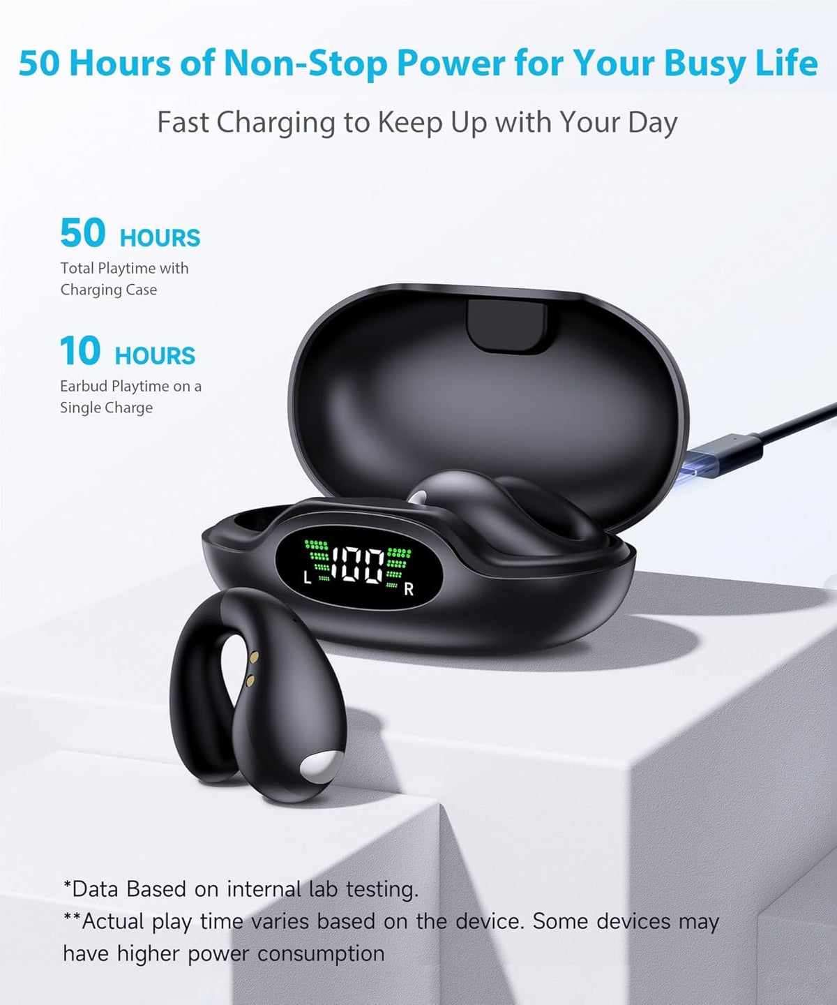Ultra Open Ear Earbuds - Ergonomic Clip-On Earbuds, Bone Conduction Over-The-Ear Headphones with Waterproof Design and Secure Fit for Small Ears, Obsidian Black