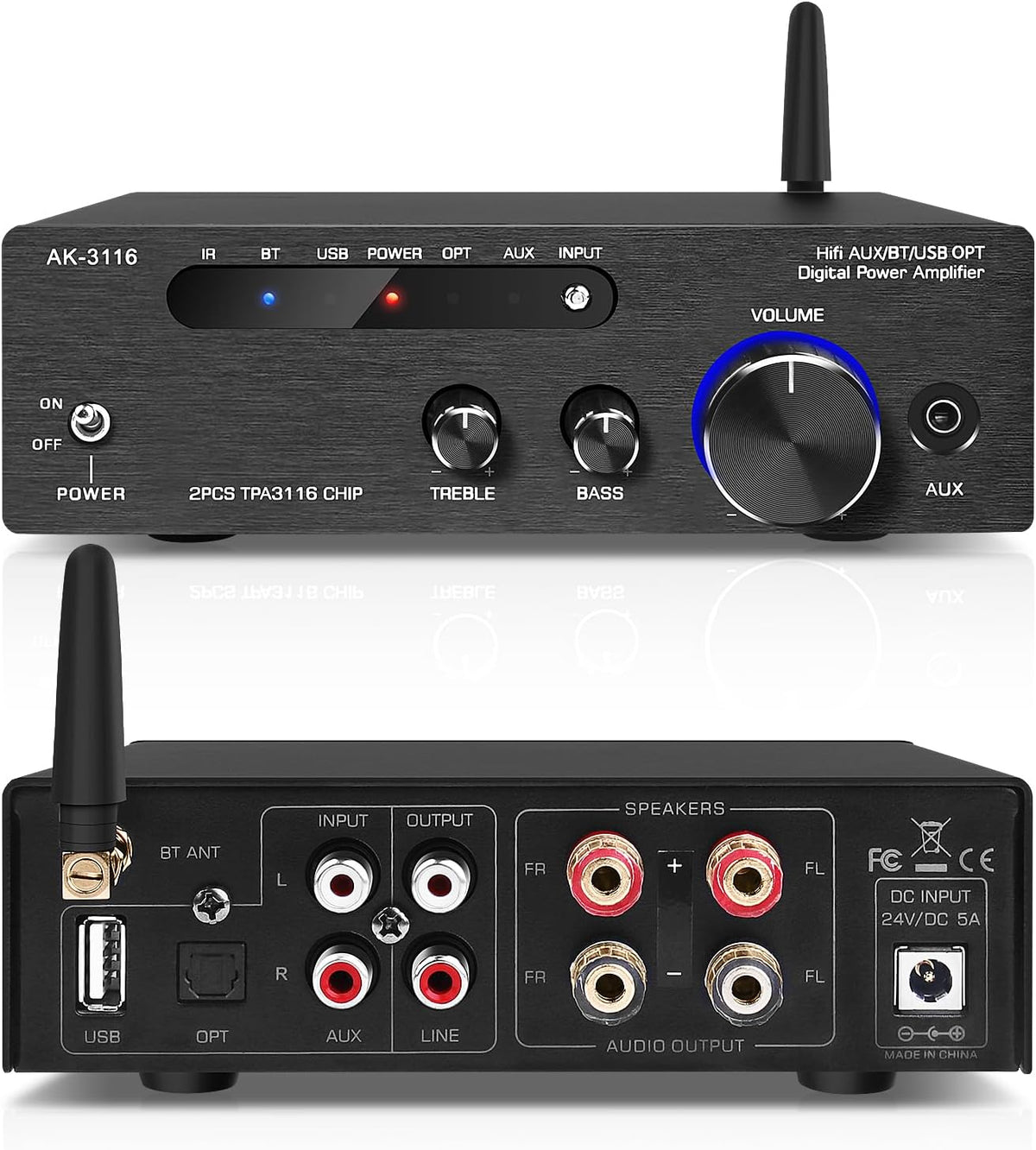 Amplifier Home Audio,Stereo Receiver Bluetooth 5.0 Power amp 100W x2 Wireless HiFi Stereo Class D Digital 2 Channel Integrated with Bass Treble Control for Passive Speakers