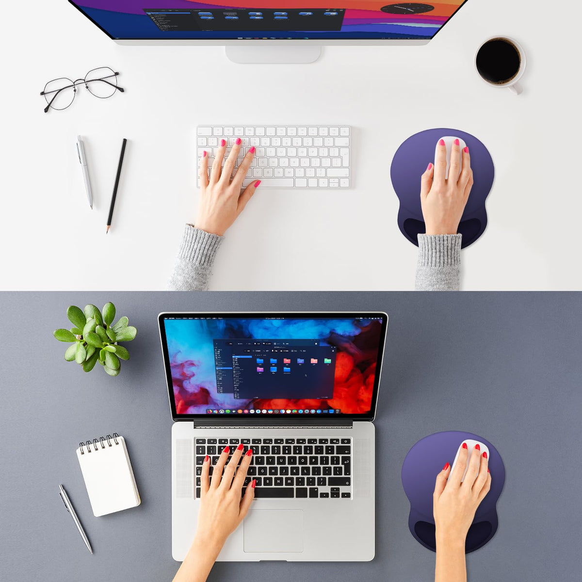 ITNRSIIET Ergonomic Mouse Pad with Comfort Gel Wrist Rest, Non-Slip PU Base, Smooth Textured Surface, Reduces Hand Fatigue & Wrist Pain, 8.7 x 7.2 Inch for Office Gaming Home, Violet Gradient