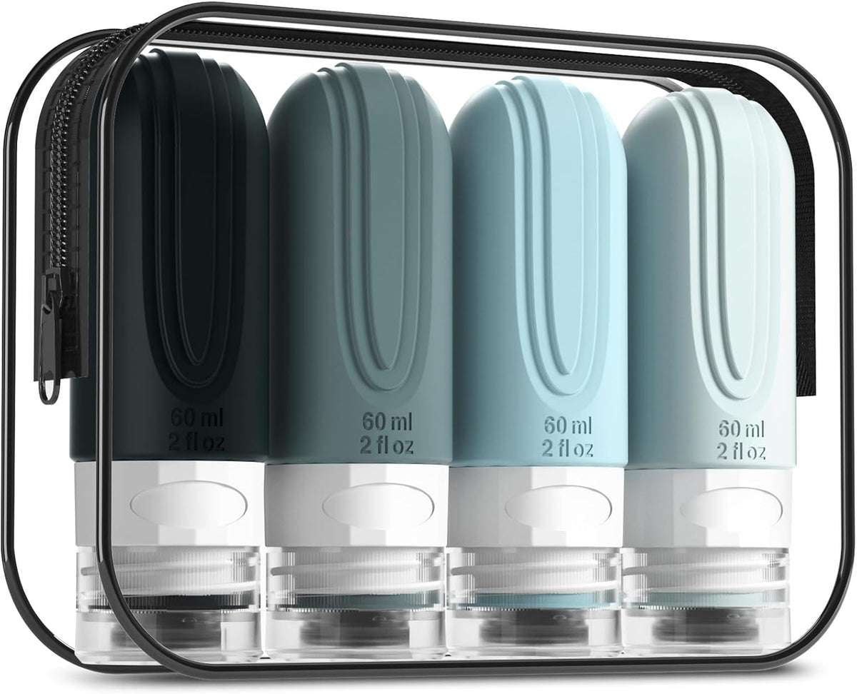Travel Bottles for Toiletries, Tsa Approved 2oz Travel size Bottles, BPA Free Leak Proof Travels Toiletry Containers, Traveler Accessories with Toiletry Bag for Shampoo Liquid (4 Pack)