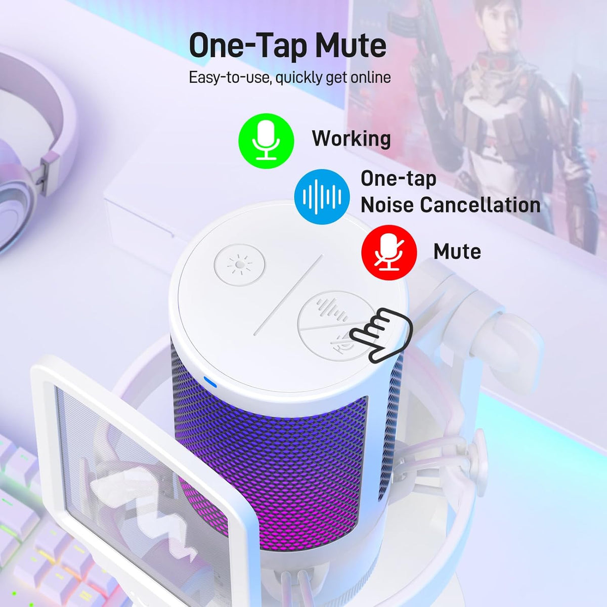 MAONO Gaming Microphone for PC with Noise Cancellation, USB Condenser Mic for Computer, Mac, Laptop, PS5, Streaming, Podcast, Twitch, YouTube, Discord, GamerWave DGM20 White