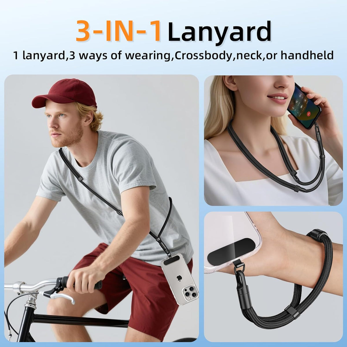 Adjustable Phone Lanyard - Phone Wrist Strap, Cell Phone Crossbody & Neck Hanging - 3-in-1 Universal for Most Smartphones(Black)