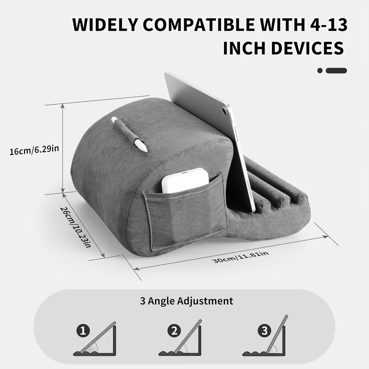 CreaDream Tablet Pillow Stand, Pillow Pad for IPad, Tablet Holder for Bed, Lap and Desk with 3 Viewing Angles, Tablet Accessory Compatible with 4-13 inch Kindle, Galaxy Tab, E-Reader (Gray)