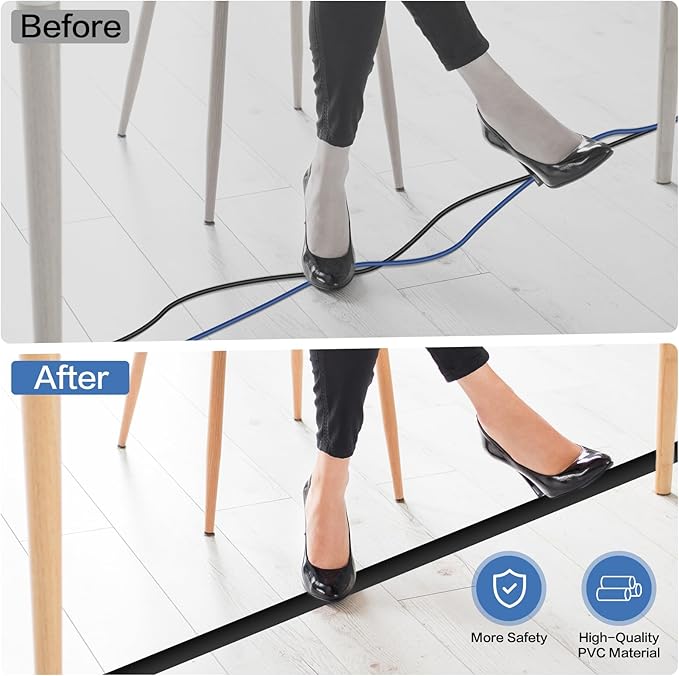 Floor Cord Cover Self Adhesive Cord Hider Floor Extension Cord Covers for Floor Power Cord Protector Cable Management Prevent Cable Trips Cable Cavity 0.59" W x 0.31" H (Black, 20Ft)