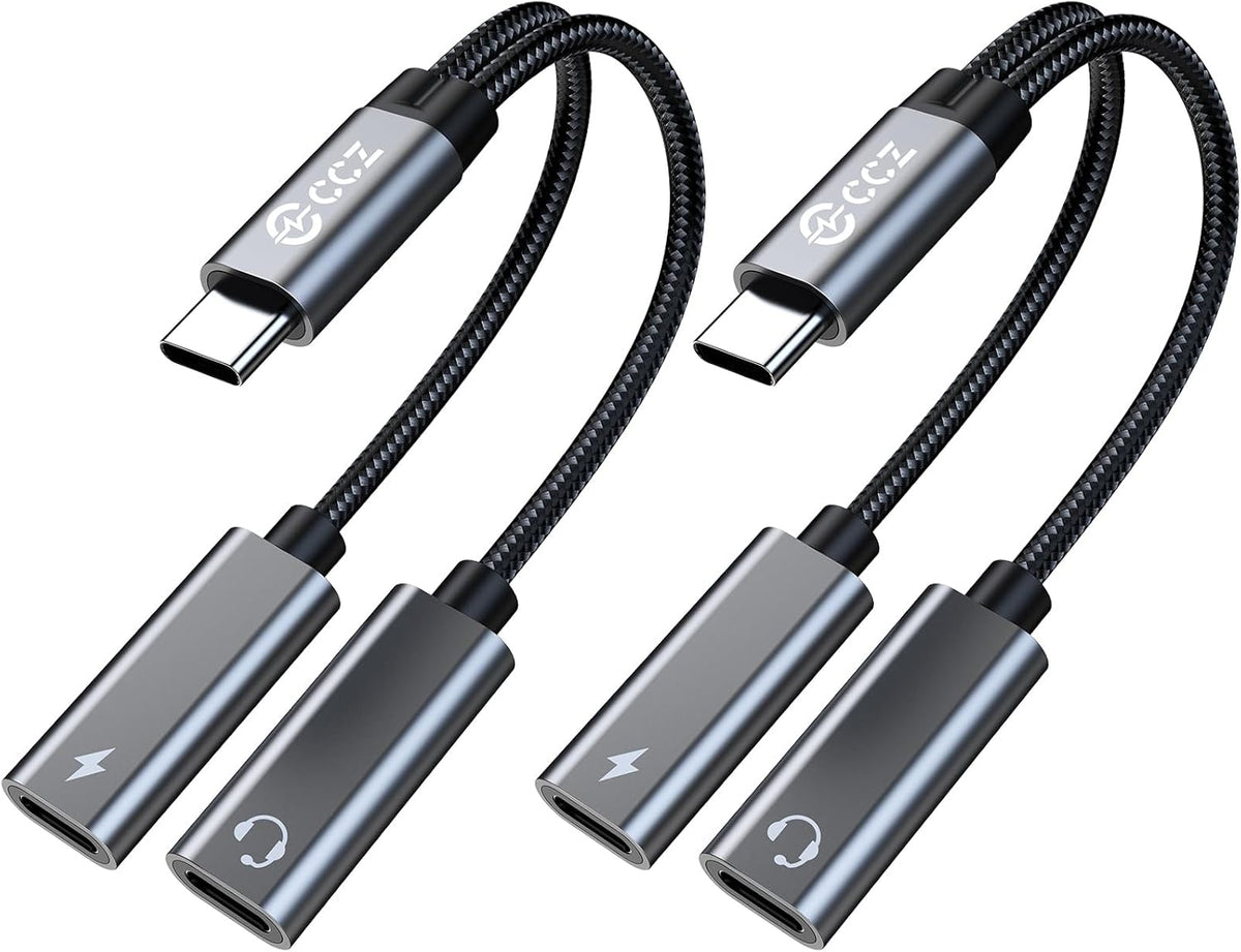 2PCS USB C Headphone Splitter,CCZ CA01 USB C to Type C Headphone Jack and Charger Adapter, 1 in 2 out Dongle Hi-Res DAC Audio Cable with PD 60W Fast Charging for Samsung Galaxy S25 S24 S23 (USBC-USBC)