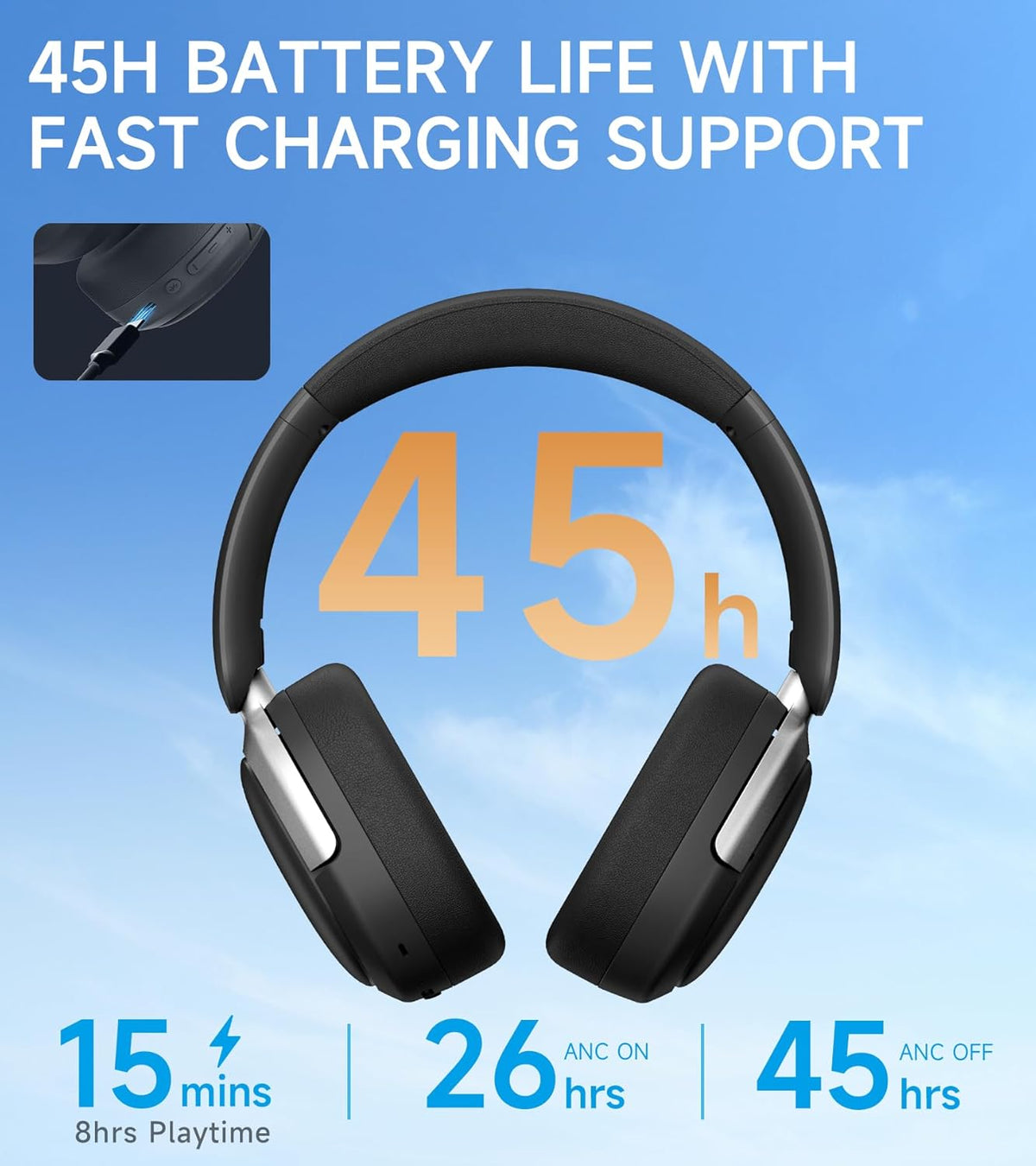 Atom Max - Hybrid Active Noise Cancelling Headphones, Hi-Res Audio, Wireless Over-Ear, Foldable, 45H Playtime, Fast Charging, Customize via an App, Bluetooth v5.4, ANC Headphones, Black