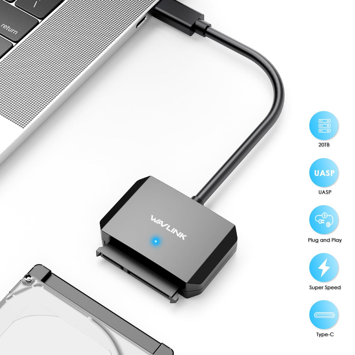 WAVLINK SATA to USB Type-C Hard Drive Cable, 5Gbps USB C to Sata Cable Support UASP, External Hard Drive SATA I/II/III Connector 2.5" SSD/HDD and 3.5" HDD up to 20TB, Power Adapter Included