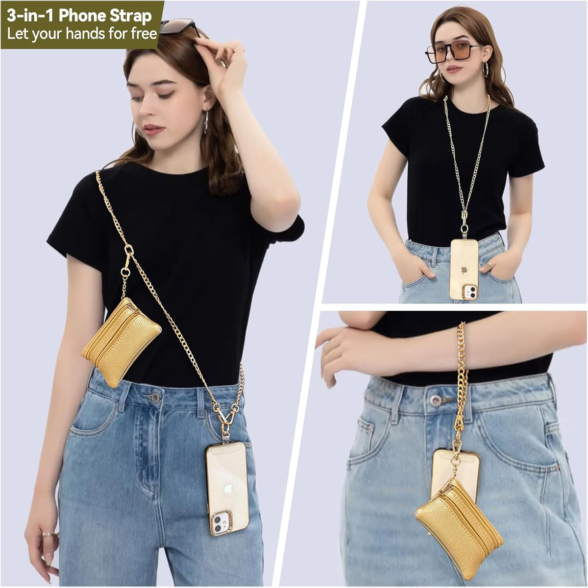 Clip and Go Strap for Phone Gold Metal Chain with Gold Purse Wallet Crossbody Phone Lanyard for Women with Cell Phone Stand Holder 2 Patches Tether Adjustable Anti Theft for iPhone 16 15 14 All Phones