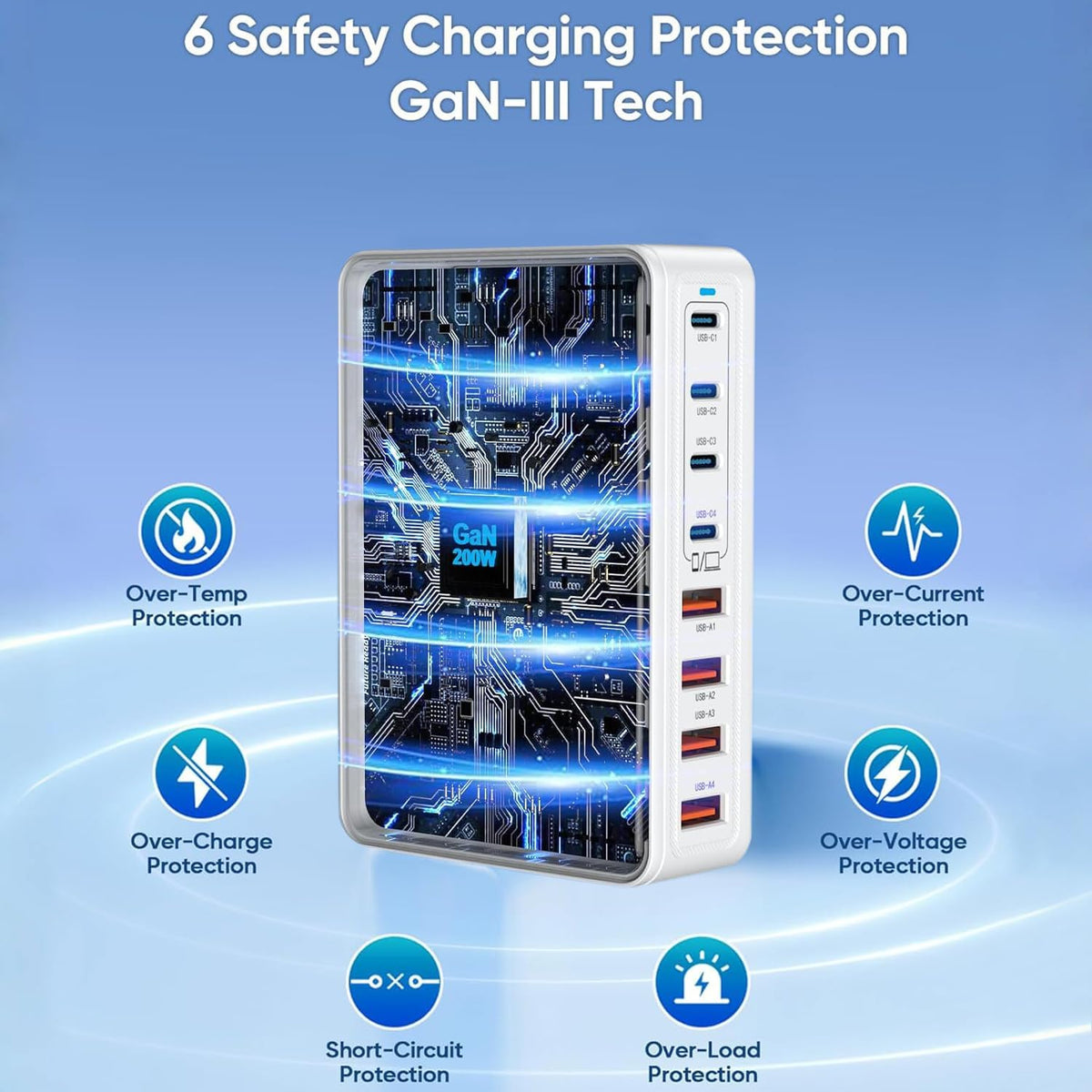 USB C Charger Block Charging Station - 200W Fast GaN 8-Port Multiple USB Charging Hub,65W Laptop Charger Compatible with MacBook Pro/Air,iPad,iPhone 16/15/14, Samsung S25/24,DELL,Steam Deck,5ft Cord