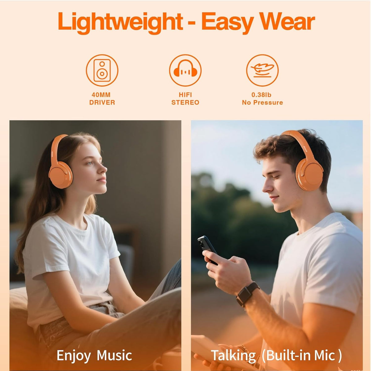MIDOLA Bluetooth Headphones Over Ear 68H Playtime 6 EQ Wireless Headset with Microphone HiFi Stereo Foldable Lightweight Deep Bass for Travel Home Office Cellphone Orange