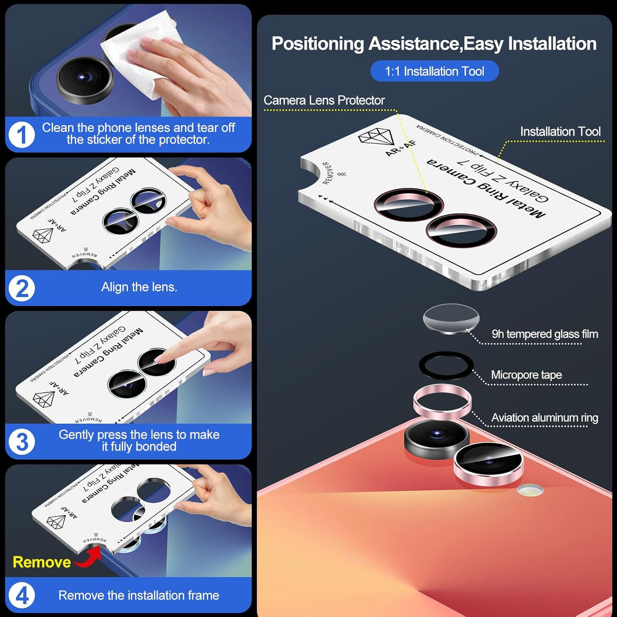for Samsung Galaxy Z Flip 7 Camera Lens Protector, Individual Metal Ring Tempered Glass Lens Cover, [Strong Adsorption] Scratch Resistant Ultra-Thin HD Clear Lens Cover, 1 Set-Pink Ring