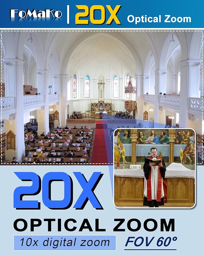 FoMaKo NDI PTZ Camera AI Auto-Tracking Gen 3 20x Optical Zoom LAN USB3.0 HDMI PTZ Camera for Church Services Worship Education (NDI 6 &amp NDI HX3) FMK20UH NDI-B (Black Color)