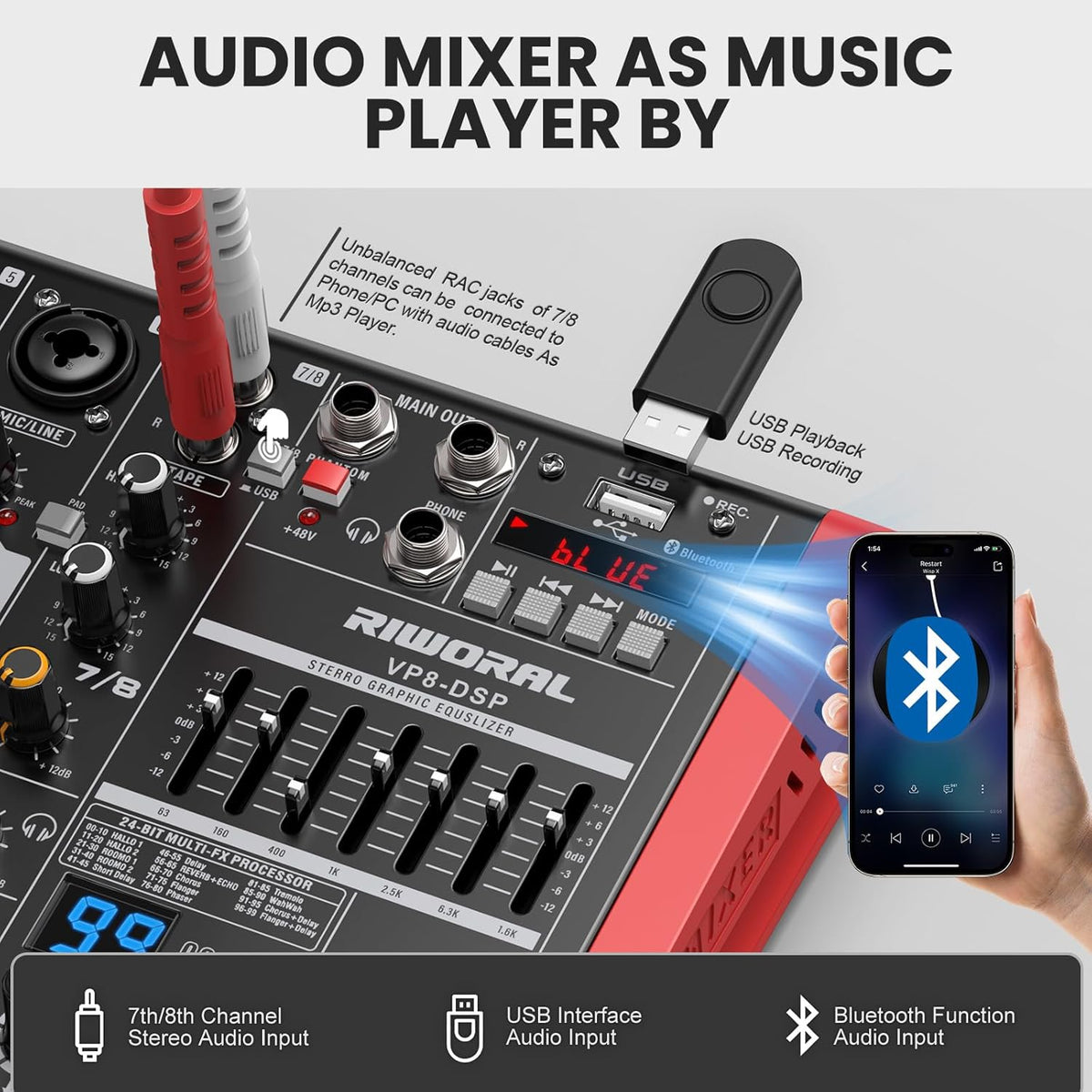 8 Channel Audio Interface Sound Board Mixing Console XLR 1/4 inch Jack USB Bluetooth Echo Delay Effect, Input 48V Phantom Power Stereo DJ Mixers for Podcasting