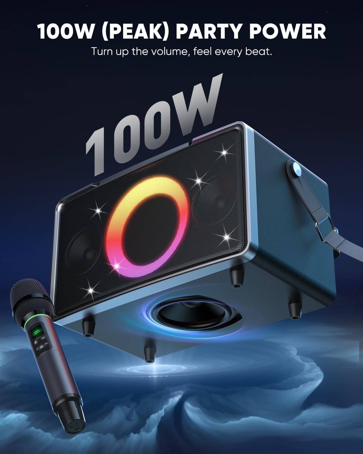 GFEEN Portable Bluetooth Speaker: 100W(160W Peak), 15H Playtime, Wireless Speakers with Microphone, 5″ Subwoofer, Loud Sound, Light Show, Fast Charging for Outdoor, Party, Backyard(Silver with 1Mic)