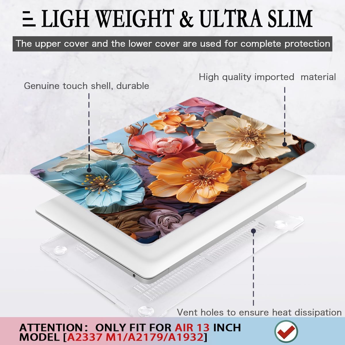 CISSOOK Compatible with MacBook Air 13 inch Case 2021 2020-2018 Release M1 A2337 A2179 A1932, Flower Hard Shell Case with Keyboard Cover for MacBook Air 13 Inch with Touch ID, Silk Flowers