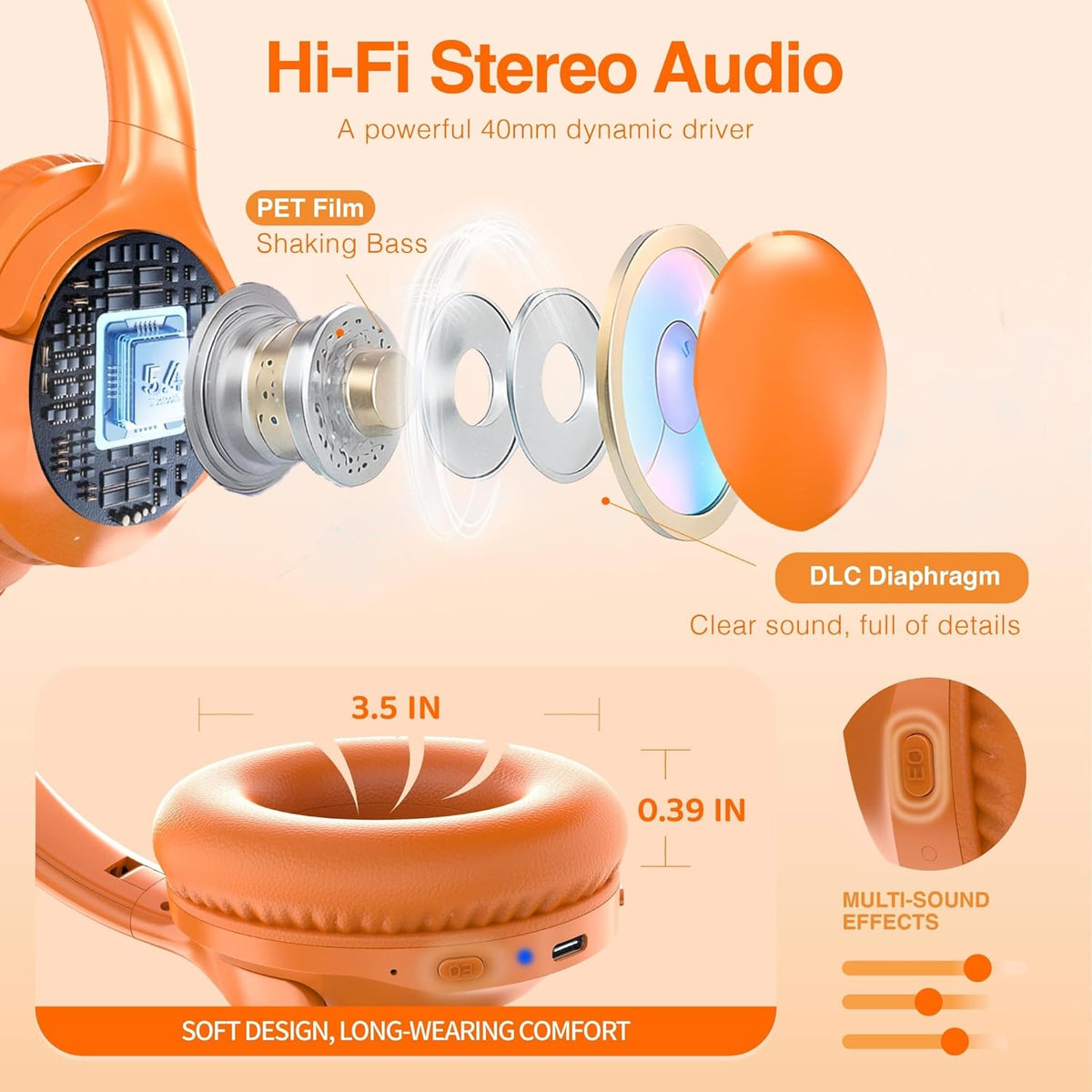 MIDOLA Bluetooth Headphones Over Ear 68H Playtime 6 EQ Wireless Headset with Microphone HiFi Stereo Foldable Lightweight Deep Bass for Travel Home Office Cellphone Orange