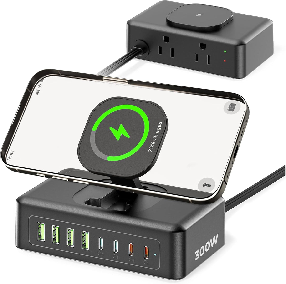 Acozvin 300W 11-in-1 2AC 8USB 5ft USB Charging Station, USB C Power Strip Surge Protector, Outlets & Ports, Flat Plug