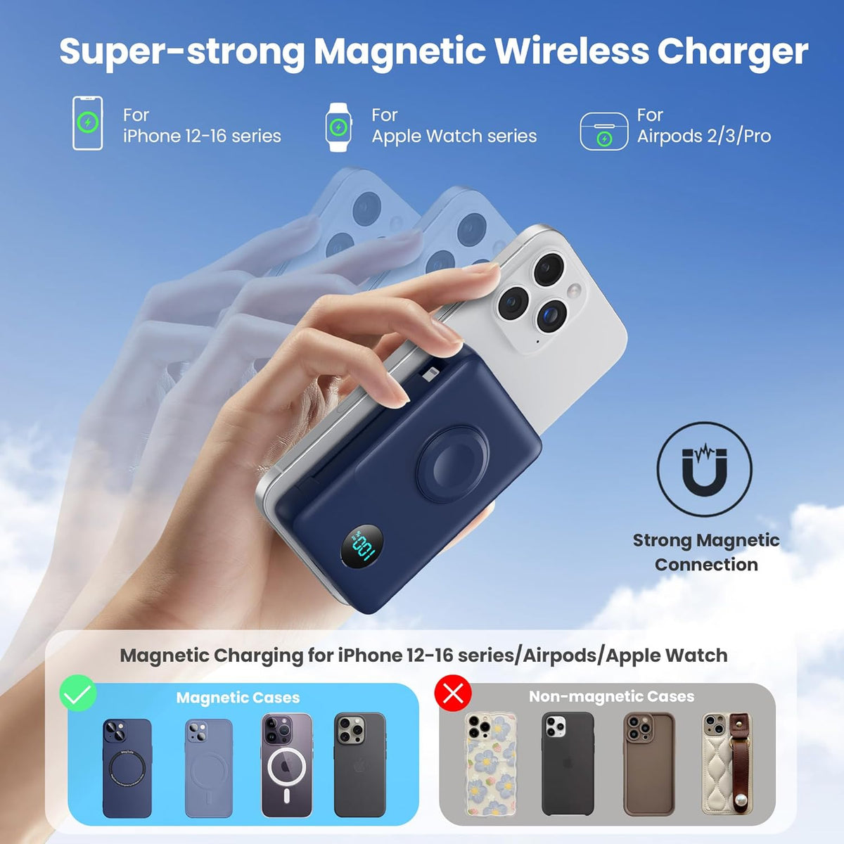 Magnetic Portable Charger 10800mAh for iPhone with Built-in Cables, 6-in-1 Wireless Power Bank with iWatch Charger, 25W PD Fast Charging USB C Battery Pack for iPhone 16/15/14/13/12, Apple Watch(Blue)