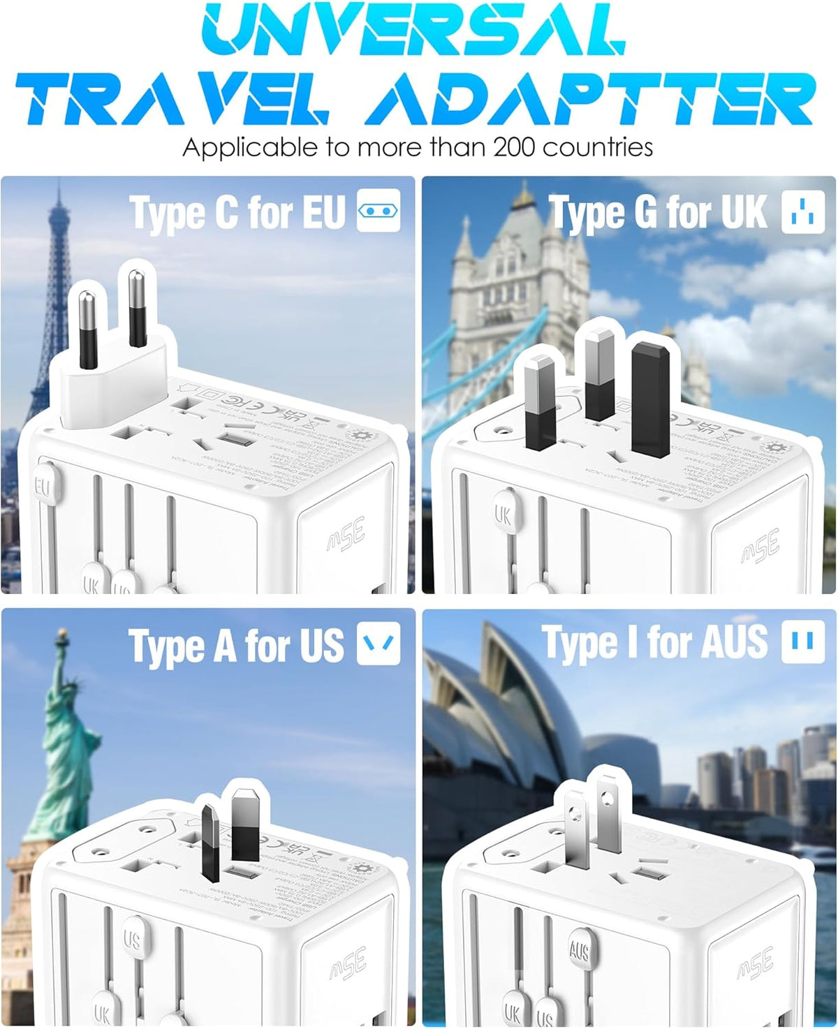 Universal Travel Adapter 35W PD Fast Charging Offers 3X2.4A USB-A Ports, 2X USB-C Ports and Multi AC Outlet, International Plug Converter Worldwide Travel Charger All in One for EU US UK AUS