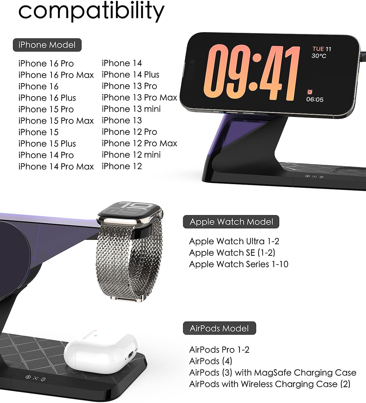 3 in 1 Charging Station for Apple Devices, Mag-Safe Charger Stand, Wireless Charger for iPhone 16/15/14/13/12 Series,& AirPods,& iWatch, Adapter Not Included