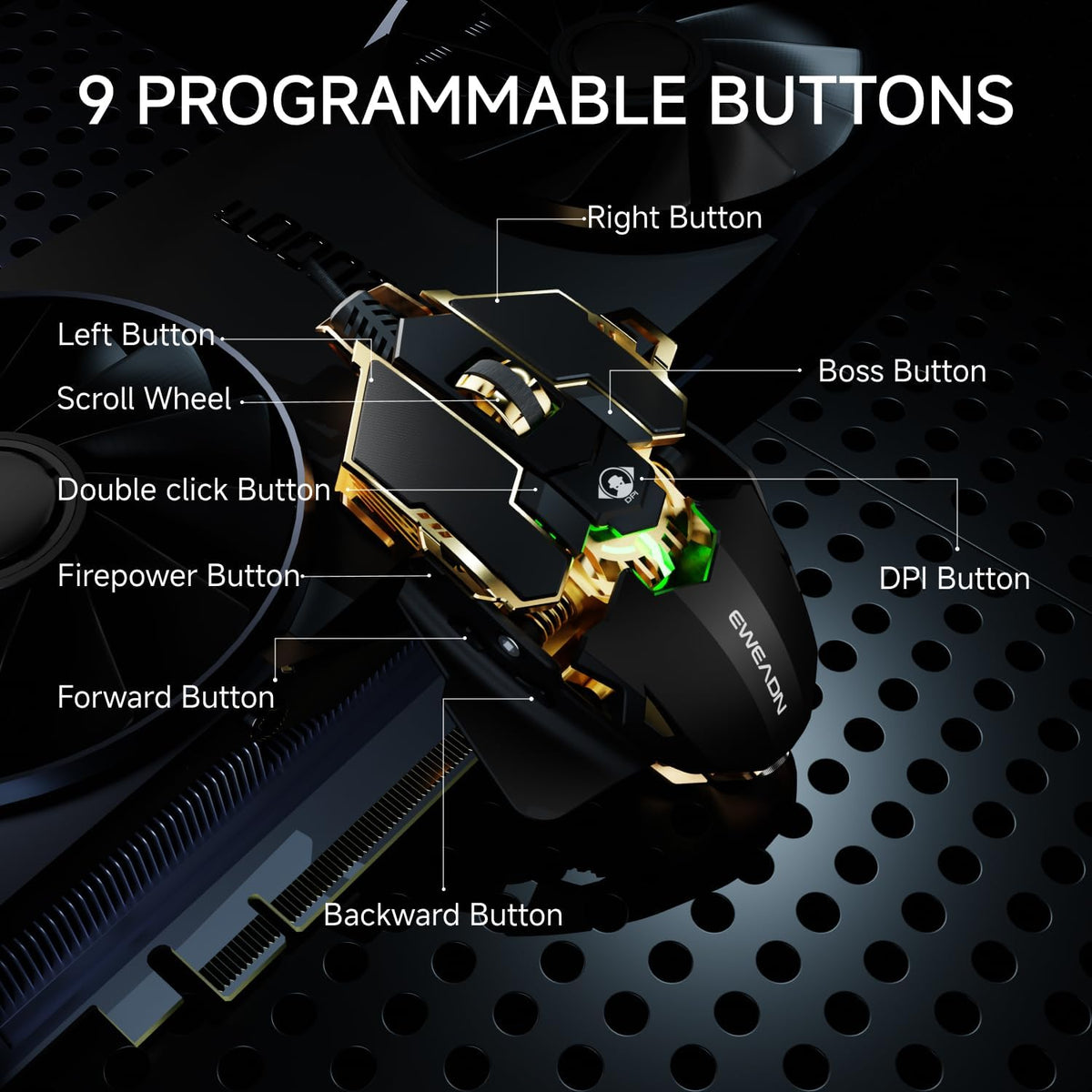 EWEADN G5 Wired Gaming Mouse, Ergonomic RGB Computer Mouse, 12800 Adjustable DPI, 9 Programmable Macro Buttons with Rapid Fire Key Compatible for PC/Laptop/Windows- Black&Gold