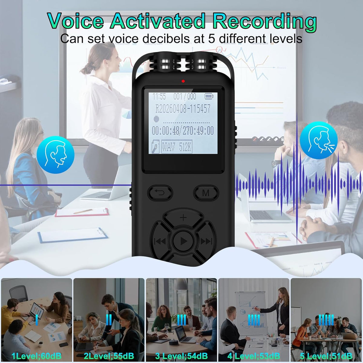 Cebkit 64GB Repeat,Mp3 Digital Voice Recorder with Playback,Audio Recording Device,Voice Activated Recorder with Noise