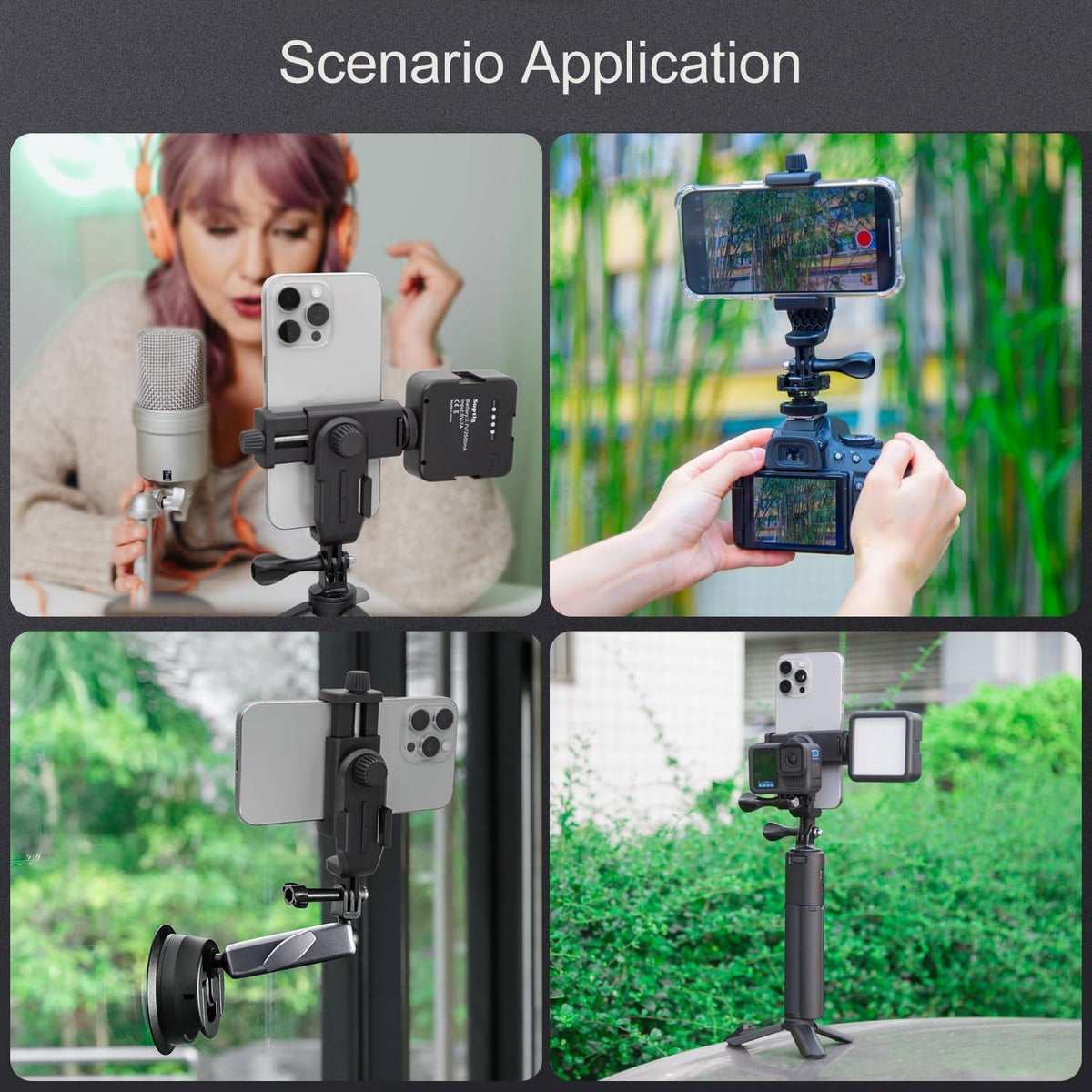 Suptig Phone Holder for Tripod, Action Camera Tripod Mount Adapter Compatible for iPhone, Gopro, DJI Action, Insta 360, Akaso, Mic, LED Light Photography Accessories