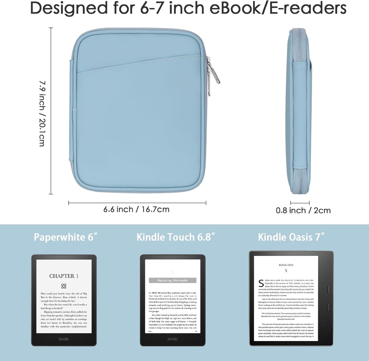 Cayeelu 6-7 Inch Padded Sleeve Pouch for eBook/E-Reader/Kindle Paperwhite/Kindle Oasis (Misty Blue-PU)