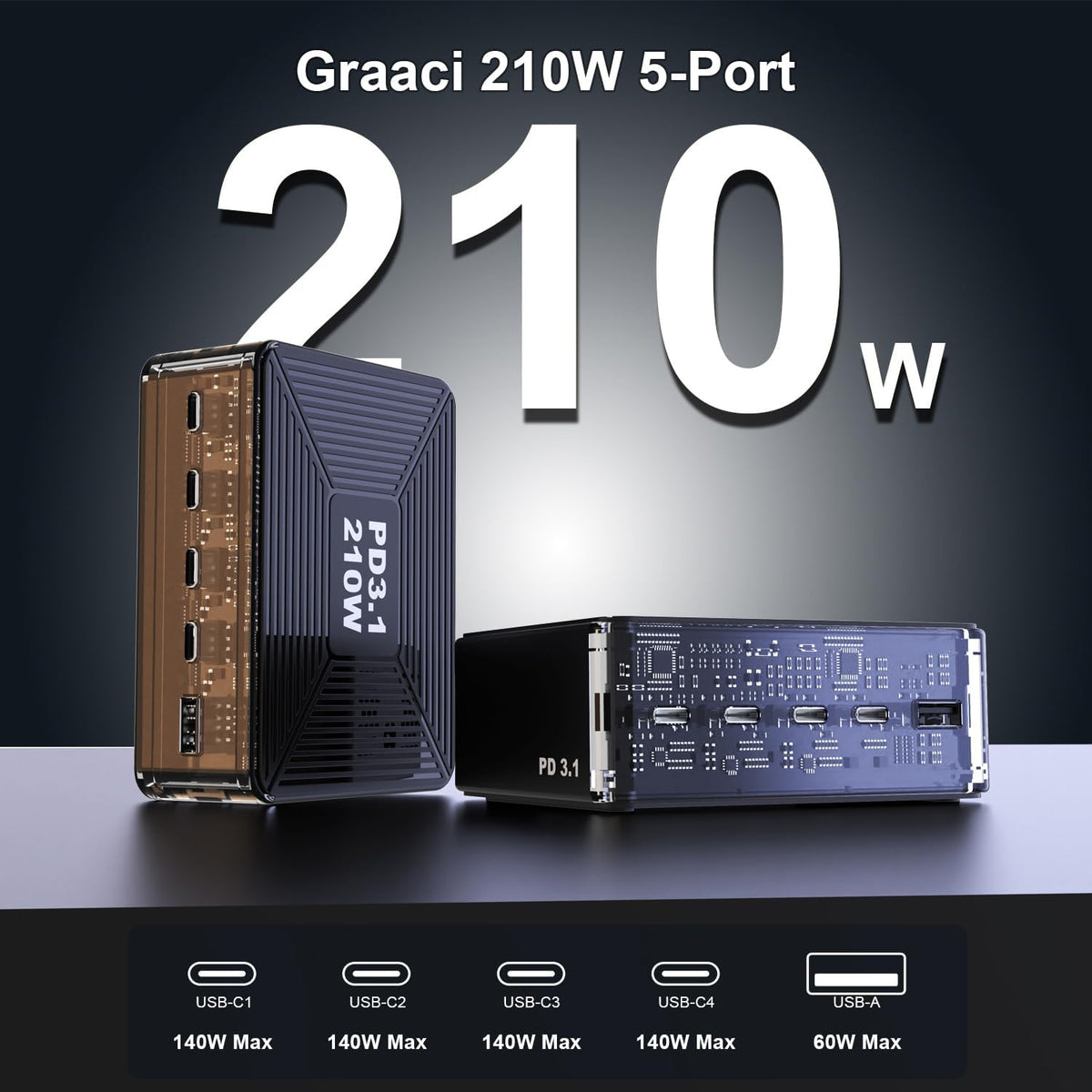 210W USB C Charger, Graaci GaN 5-Port PD3.1 140W 100W PPS Fast Charging Station, Type C Laptop Wall Charger Power Adapter for MacBook Pro/Air M2, iPhone 15 Pro, Galaxy S23 Ultra, Pixel 8, Steam Deck