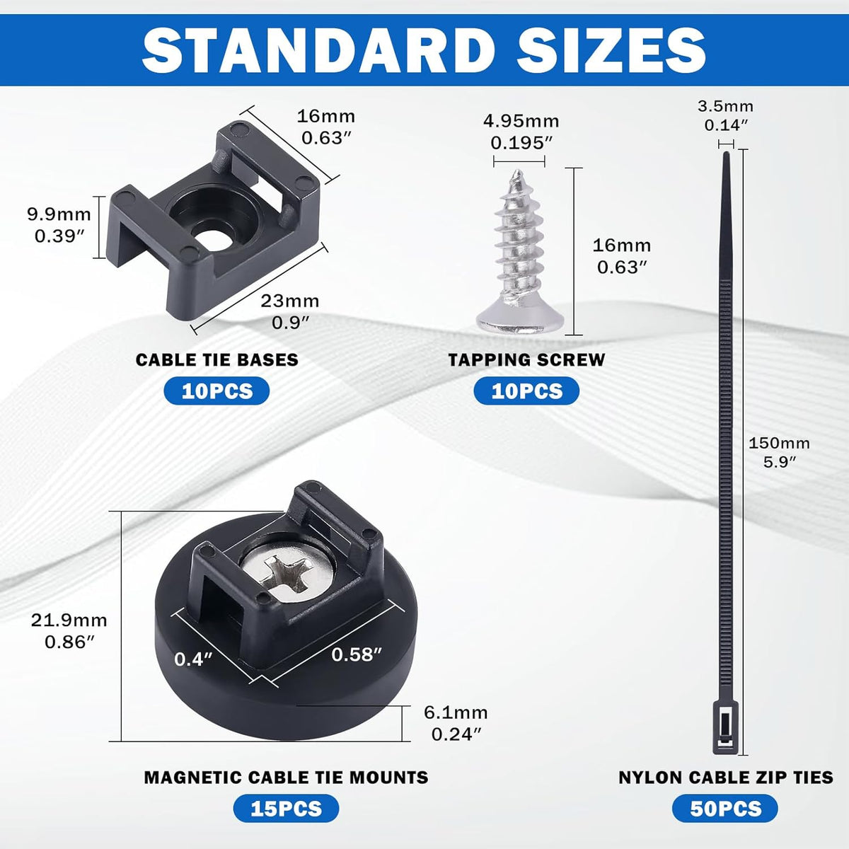 15 Supplies(85 22mm) PCS Magnetic Zip Tie Mounts, Black Magnetic Wire Holder Multipurpose & Releasable Nylon Cable Ties