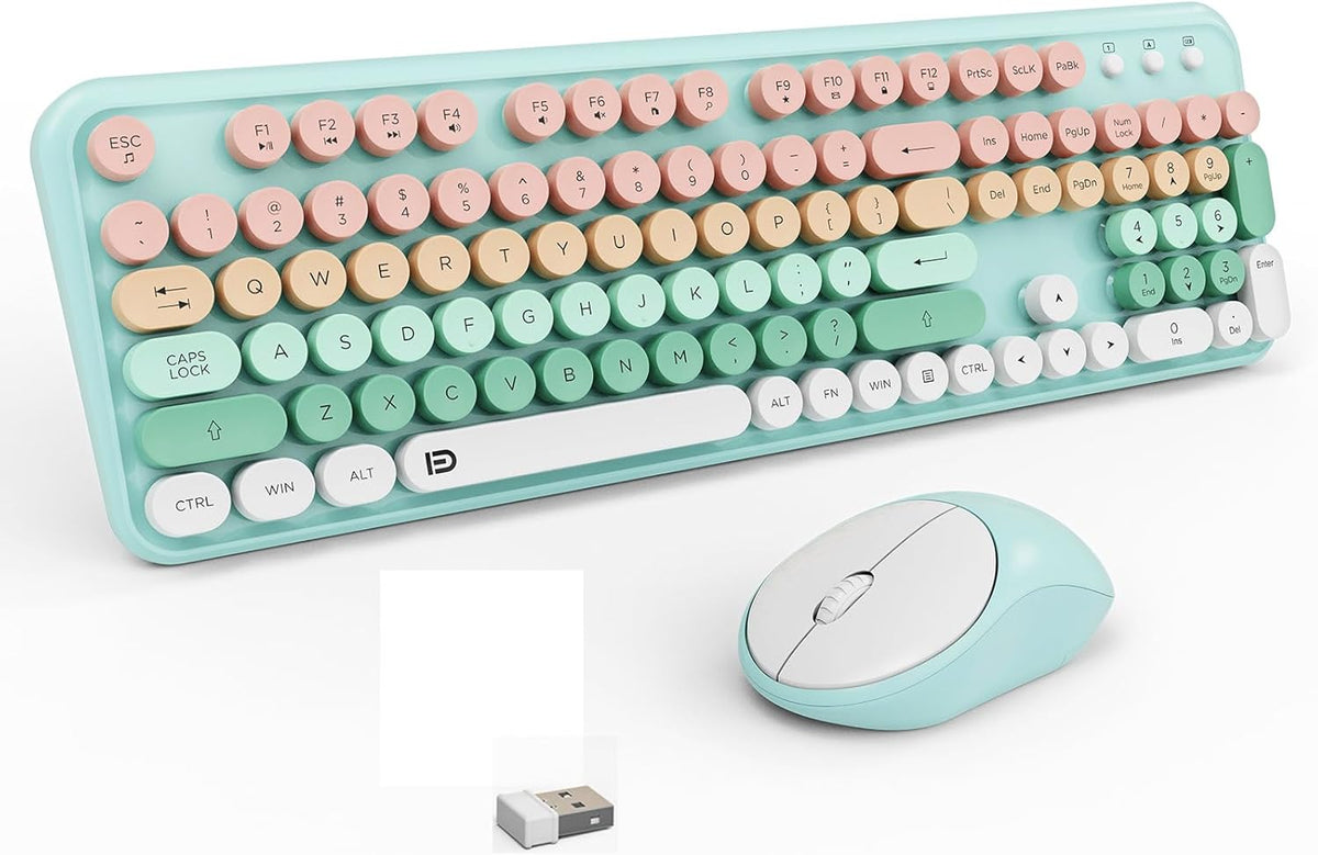 Wireless Keyboard and Mouse Set, 105 Round Keys Full-Size Cute Colorful Keyboard and Mouse with Retro Typewriter for PC/Mac/Laptop/Tablet/Computer/Windows Light Blue