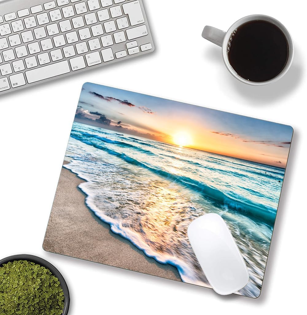 Mouse Pad, Beach Mouse Mat, Square Waterproof Non-Slip Rubber Base Computer MousePads for Desk Office Laptop