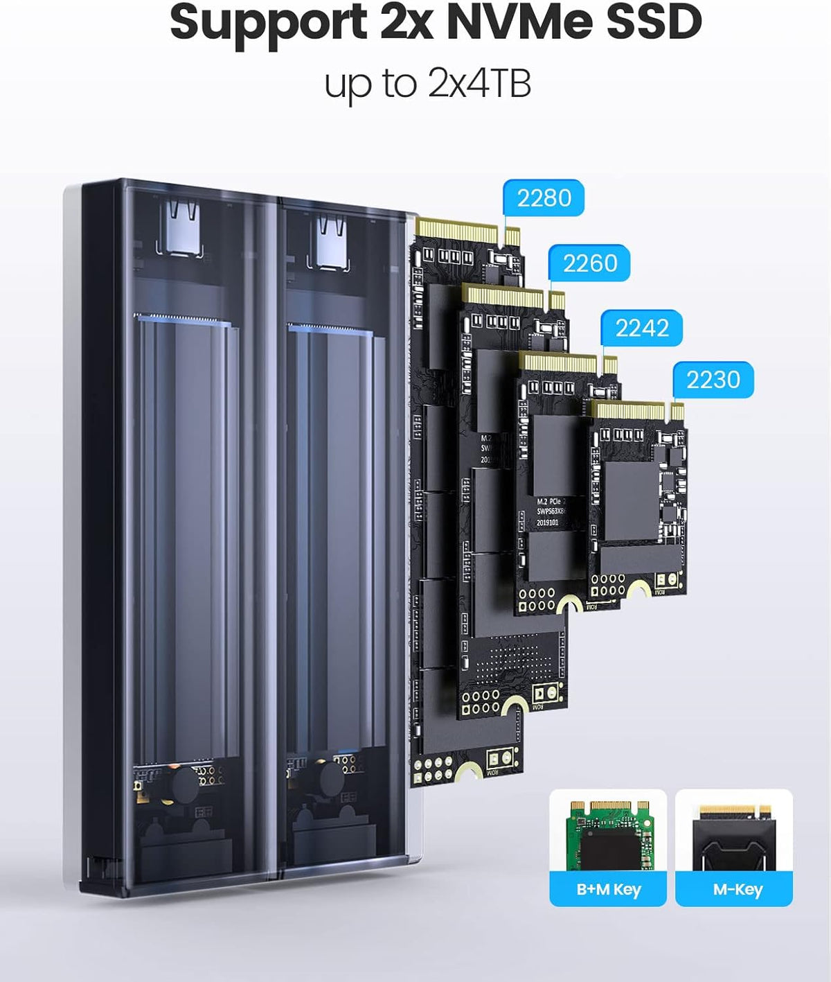 ORICO Dual M.2 NVMe SSD Enclosure, USB C to M2 Adapter for M Key PCIe 2230/2242/2260/2280 M.2 SSDs,Tool-Free Installation Aluminum SSDs Reader Support Trim and UASP up to 2x4TB-BM2-2N