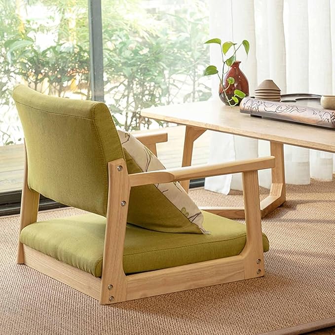 BTZHY Floor Chair Solid Wood Legless Tatami Chair with Armrests and Backrest Floor Chair Comfort Cushion Low Footstool for Windowsill Office and Home(Khaki)