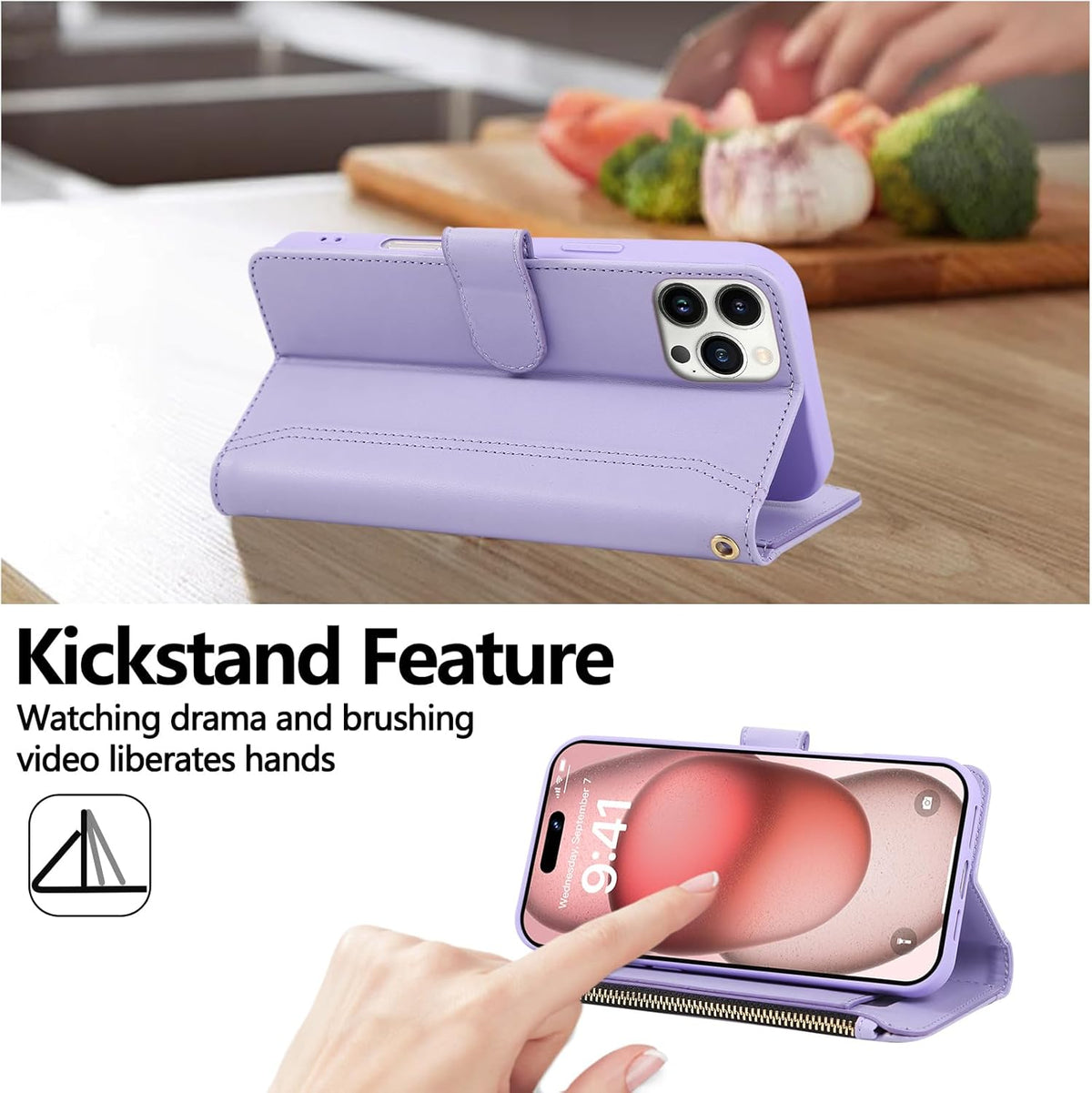 Compatible with iPhone 15 Pro Wallet Phone Case-PU Leather Magnetic Flip Cover with Credit Card Slots,Zipper Pocket & Detachable Wrist Strap,Shockproof Design,for Women and Men-Purple