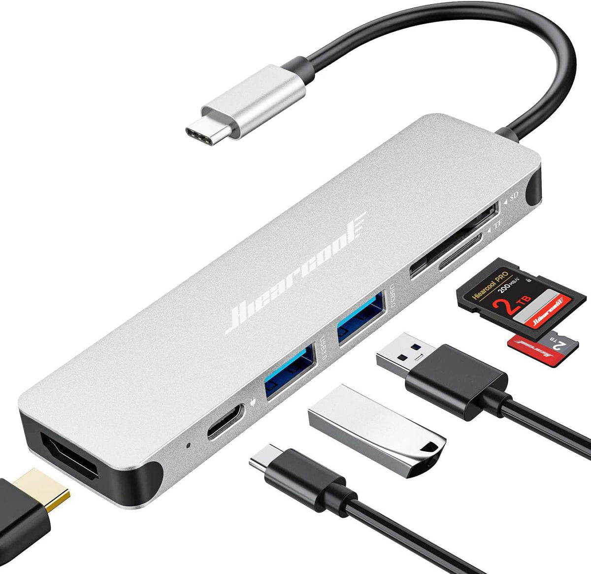 Hiearcool USB C Hub Multi-Port Adapter, 7-in-1 USB-C Dongle with 4K HDMI 100W PD SD/TF Card Reader, USBC Dock Compatible for MacBook Pro/Air Dell XPS Lenovo HP and Other Windows Laptops-Sliver White