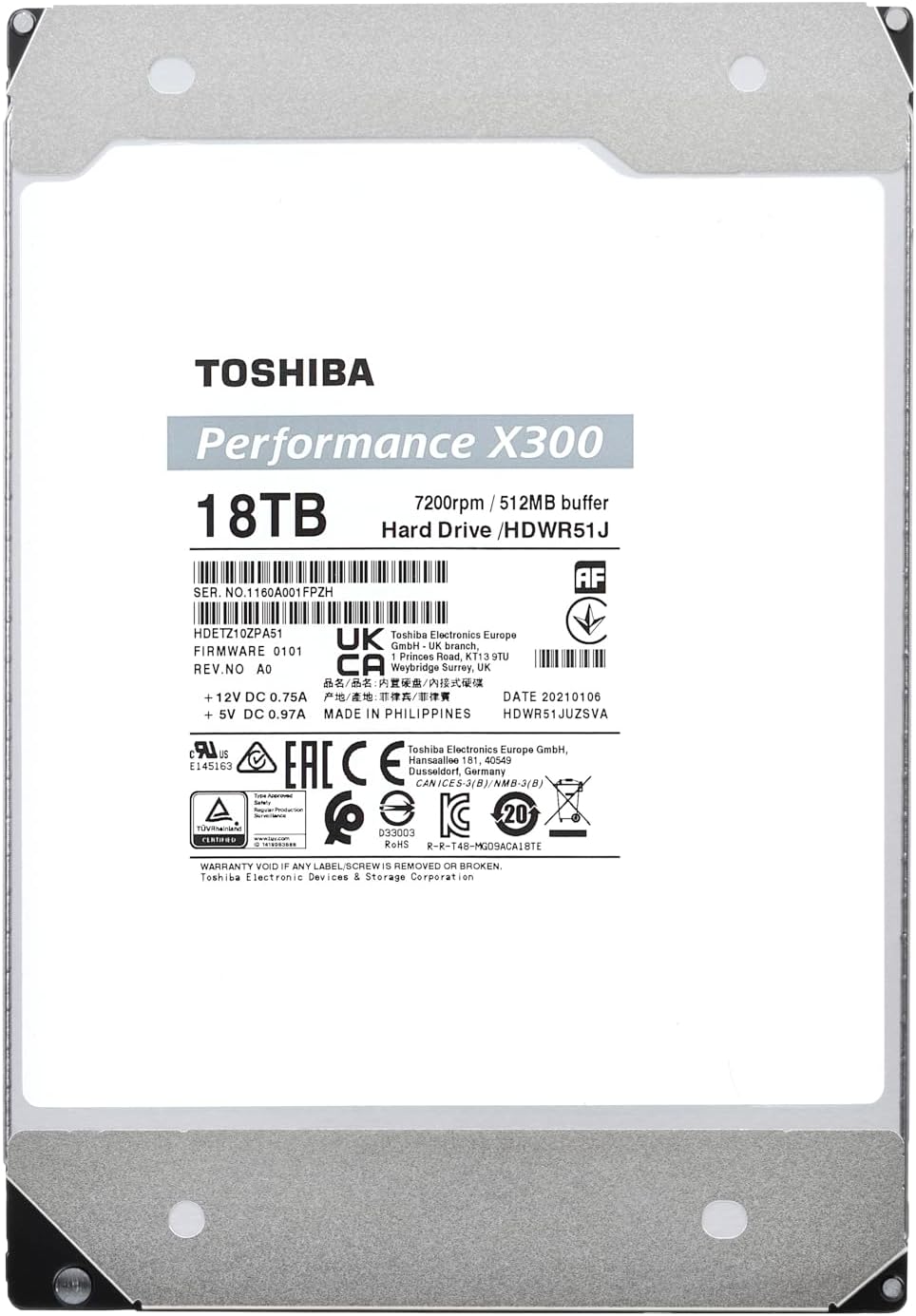 Toshiba X300 18TB Performance & Gaming 3.5-Inch Internal Hard Drive - CMR SATA 6 Gb/s 7200 RPM 512 MB Cache - HDWR51JXZSTA