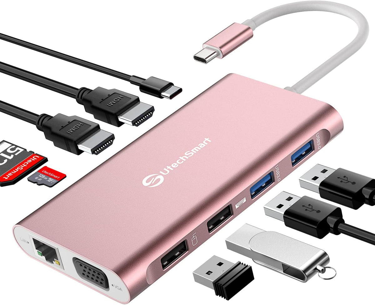 Docking Station, UtechSmart Docking Station Dual Monitor Triple Display USB C Adapter with 2 HDMI, VGA, PD 3.0 Port, SD TF Card Reader, 4 USB Ports USB-C Dock Compatible for MacBook, Other USBC Laptop
