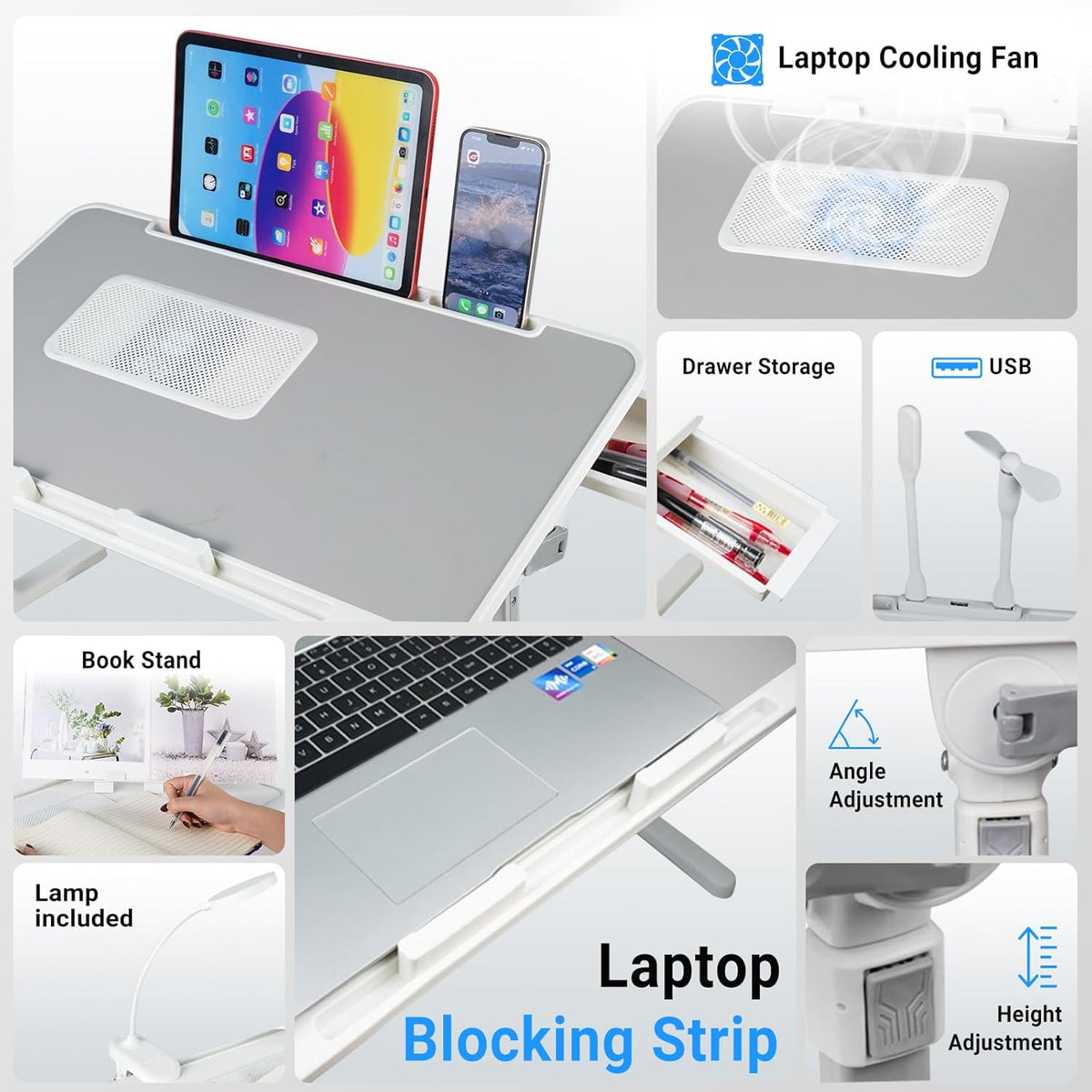 Laptop Lap Desk with Cooling Fan - Adjustable with Light, USB, Storage Drawer - Folding Bed Desk,23.62"*15.74",Grey