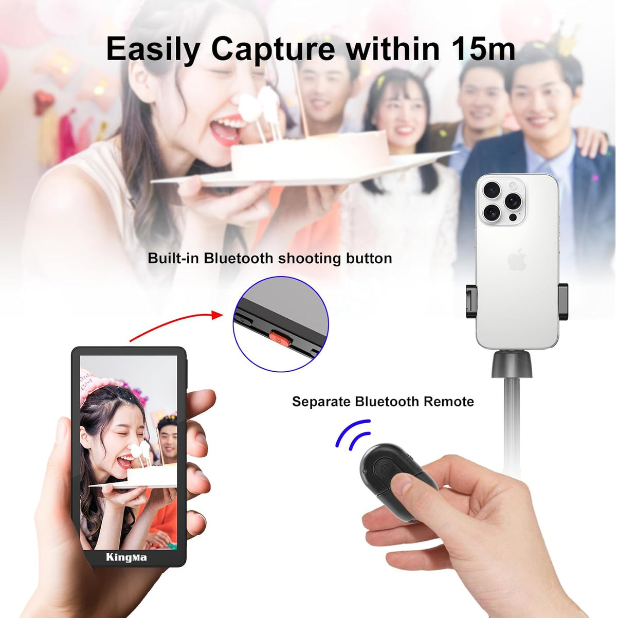 King Ma 5" Phone Vlog Selfie Monitor Screen,Back Camera Monitor for iPhone with Magnetic Phone Clip & Bluetooth Remote for Vlog/Live Stream/Teleprompter/TikTok,Support 4K 30fps Wired Recording
