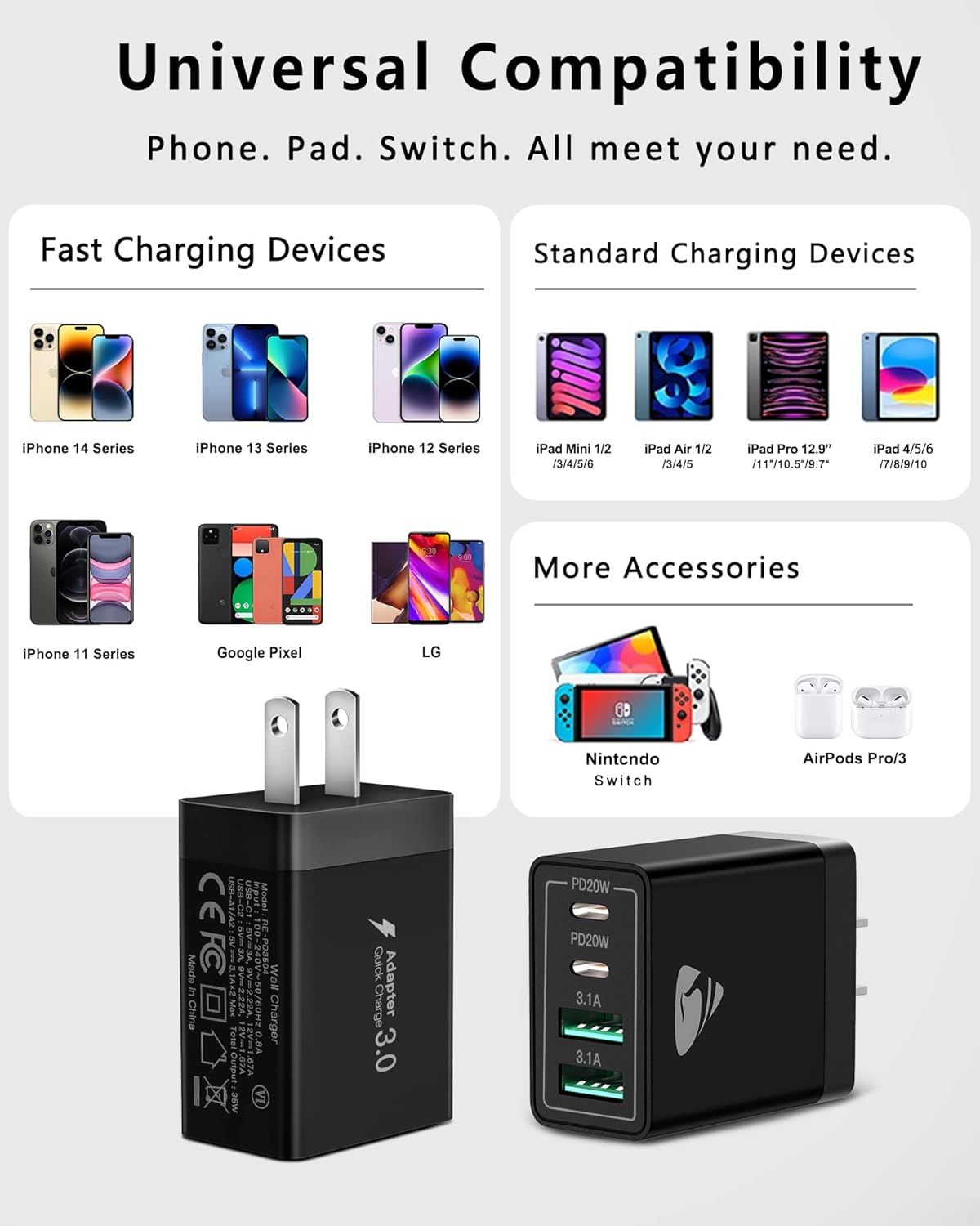 [2-Pack] USB C Wall Charger Block, Aiminu 40W 4-Port Fast Charging Block Dual Port QC+PD Power Brick Multiport Type C Charger Plug Adapter for iPhone 15 14 13 12 11 Pro Max XS XR SE 8 Plus, Samsung
