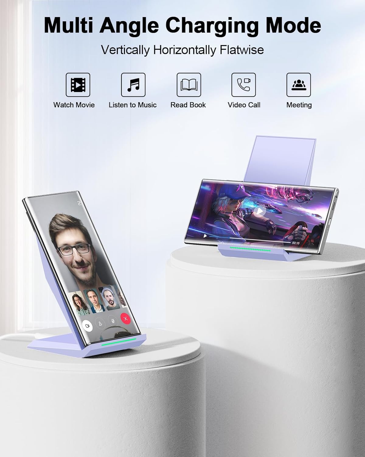 NANAMI Wireless Charger - Fast Qi-Certified Wireless Charging Stand Compatible Apple iPhone 16/16 Plus/16 Pro/16 Pro Max/15/14/13/12 Pro, Desktop Phone Charger for Samsung Galaxy S25/S24/S23/S22/S21