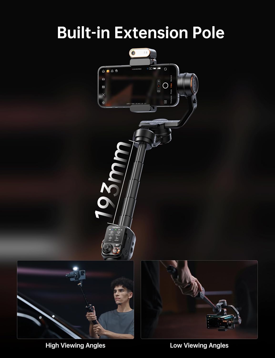 Hohem iSteady M7 Smartphone Gimbal Stabilizer, AI Tracking Sensor with Fill Light, 1.4" Full Color Detachable Touchscreen Remote Control, Built-in Extension Rod, 3-axis Phone Gimbal for iPhone Android