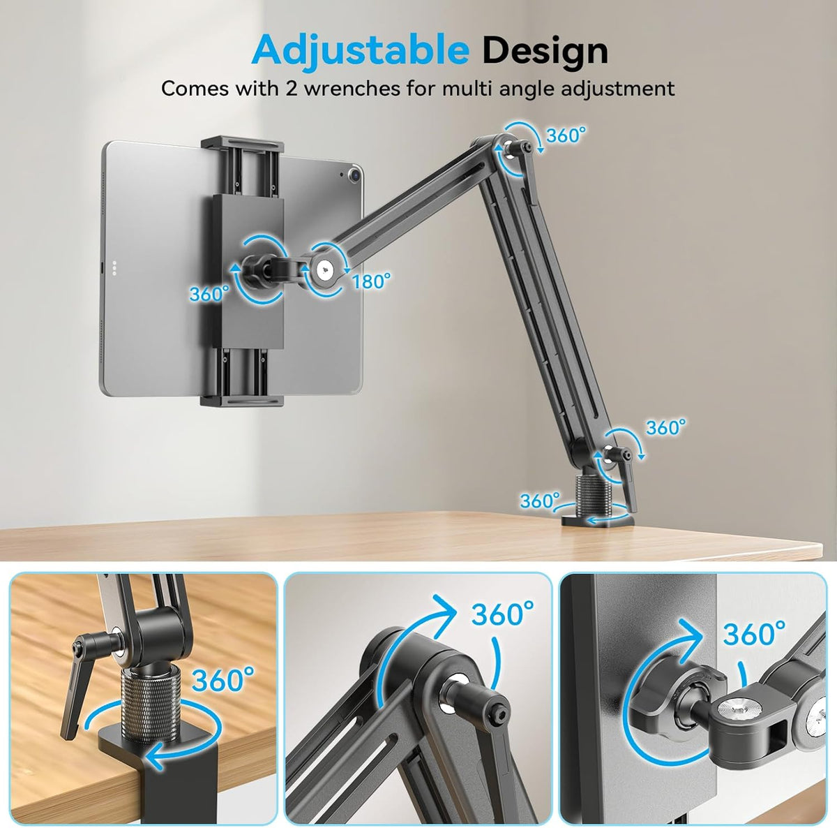 Jakeko Adjustable Tablet Mount for Desk - 360° Rotating Base Tall Arm Holder Stand for iPad Air/Pro/Mini Swivel Flexible Clamp Soporte para Tablet/Portable Monitor/Ereader
