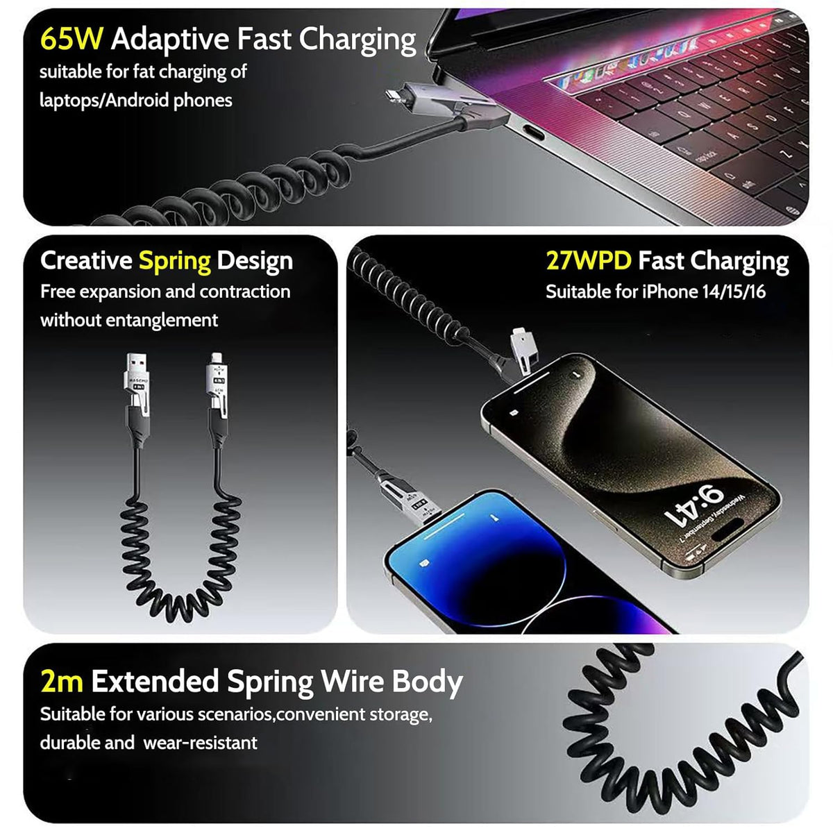65W 4-in-1 Retractable Fast Charging Cable, 2M/6.5ft Spring Coiled USB-C to L/USB-C/USB-A Multi-Device Cord for iPhone 15/14/13, iPad, Samsung, MacBook, Laptop, Car, Tablet