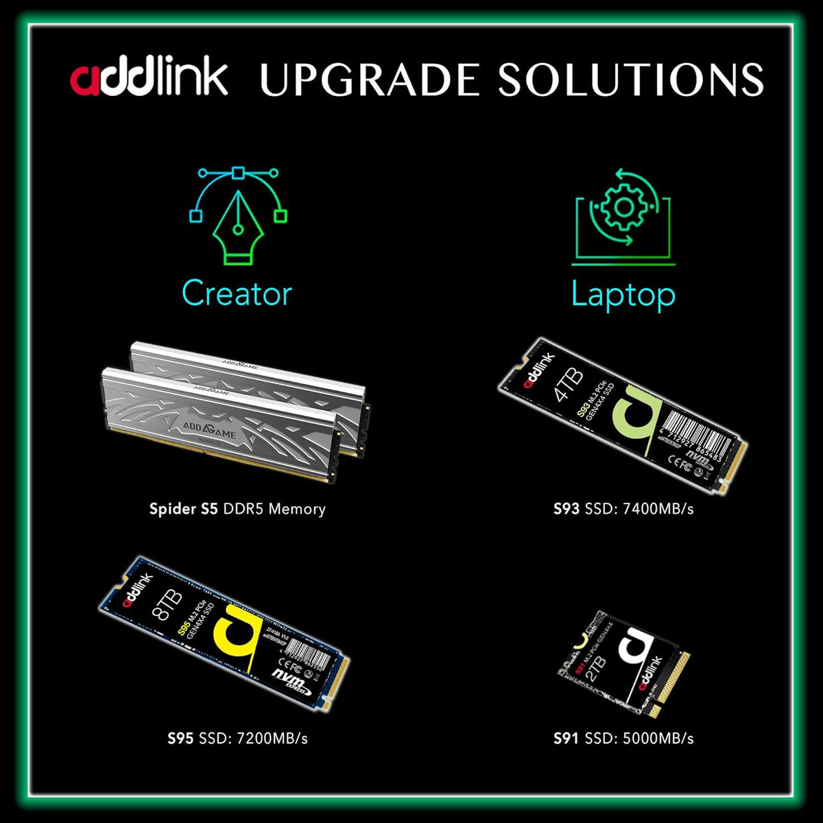 Addlink S93 2TB PCIe 4.0 M.2 Gen 4 Memory Expansion SSD, Up to 7400 MB/s, Internal Solid State Drive with HMB Technology for Laptop, Gaming and Creators