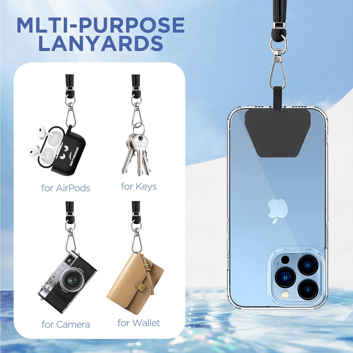 CACOE Phone Lanyard-2 PCS Adjustable Neck Strap,Universal Crossbody Multifuctional Cell Phone Lanyards Compatible with Most Smartphones(Black+Light Blue)
