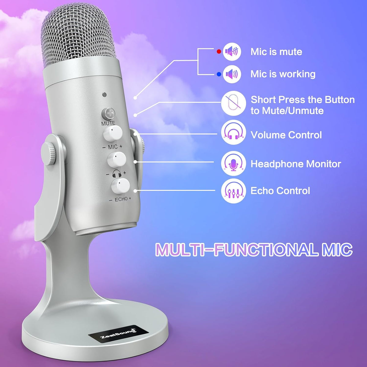 ZealSound USB Microphone,Condenser Computer PC Mic,Plug&Play Gaming Microphones for PS 4&5.Headphone Output&Volume Control,Mic Gain Control,Mute Button Vocal,YouTube Podcast on Mac&Windows(Silver)